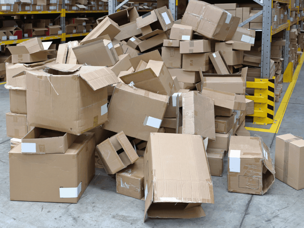 Überlastetes Lager mit vollen Regalen und gestressten Mitarbeitenden – das Bild symbolisiert die Folgen unskalierbarer Logistikprozesse bei steigendem Bestellvolumen.